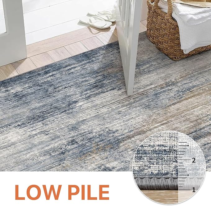 GENIMO Washable Area Rugs for Living Room, 8x10 Modern Non Slip Rugs, Low Pile Lightweight Soft Print Rug for Bedroom, Dining Room, Home Office, Denim Blue Gray