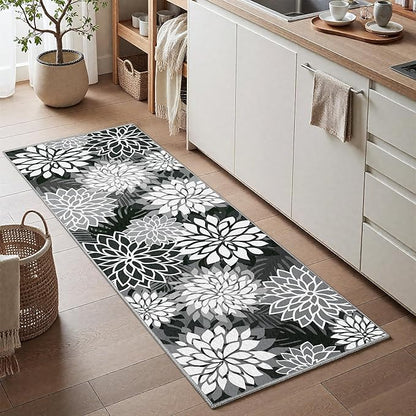 2x6 Washable Runner Rug for Hallway Tropical Botanical Modern Floral Chenille Kitchen Rugs Low Pile Non Slip Carpet for Patio, Bedroom, Laundry, Black