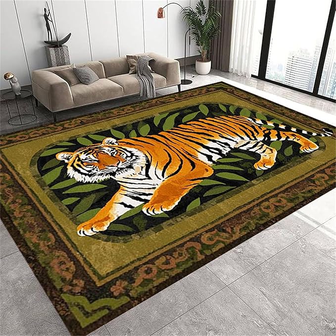 Tiger Area Rug,3x5ft, Tiger Print Rug,Tiger Themed Stylish Rug, Bohemian Vintage Tiger Print Rug, Non-Slip Washable Rug for Living Room Bedroom Dining Room Kids Room Decoration