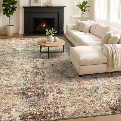 Vintage Distressed Medallion Rugs for Living Room - 9x12 Green and Brown Large Washable Rug for Bedroom, Dining Table, Ultra-Thin, Soft, Non Slip, Lightweighted Print Carpet