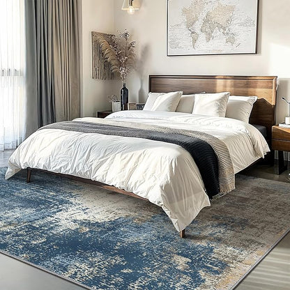 GENIMO Washable Area Rugs for Living Room, 9x12 Modern Non Slip Rugs, Low Pile Lightweight Soft Print Rug for Bedroom, Dining Room, Home Office, Washed Slate Blue
