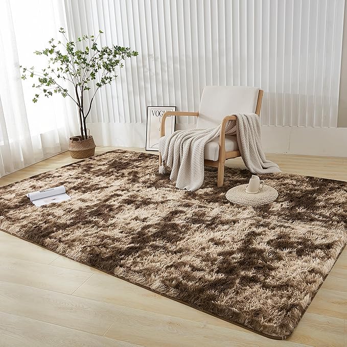 Andency Soft Area Rugs for Living Room Bedroom, 4x6 Fluffy Shaggy Bedside Rug, Non-Slip Large Shag Fuzzy Plush Carpets for Bedroom Kids Dorm Nursery Home Decor Aesthetic, Tie-Dyed Brown