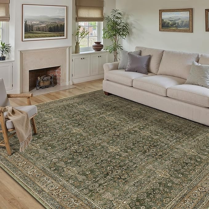 6x9 Area Rug for Living Room Green Brown Vintage Washable Bedroom Carpet Traditional Distressed Soft Non Slip Indoor Large Accent Rug Retro Thin Low Pile Floor Cover for Dining Room Playroom