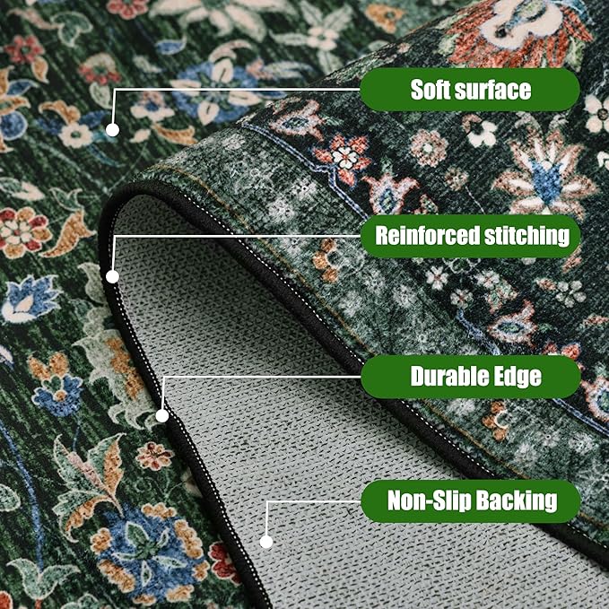 Dark Green Floral Living Room Rug 5x7 Washable Rugs Boho Vintage Oriental Large Foldable Faux Wool Carpet for Bedroom Nursery Room Dorm Kids Playroom Home Office