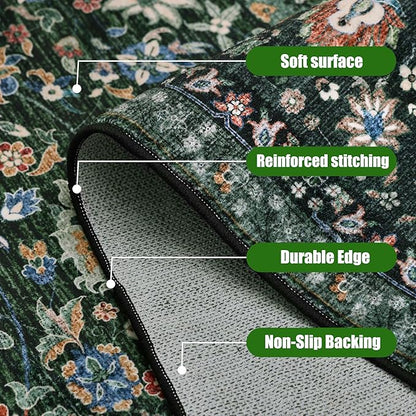 Dark Green Rug 3x5 Area Rug with Non-Slip Backing, Washable Rugs for Bedroom Living Room Kitchen, Distressed Carpet Printed Low-Pile Soft Dorm Rug Room Decor