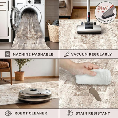 Washable Neutral Farmhouse Bedroom Rug, 5x7 Area Rugs for Living Room, Nursery Room, Boho Vintage Floral Non-Slip Rug Low Pile Stain Resistant (5x7 Beige/Latte)