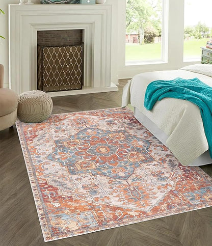 GLN Rugs Traditional Collection - Machine Washable Area Rug, Traditional Washable, Non Slip, Low Pile Chenille Rug, Living Room, Bedroom, Kitchen Rug (3' x 5' Cream/Terra)
