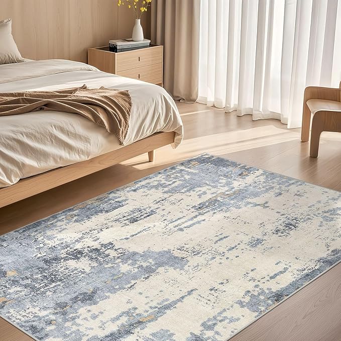 4x6 Area Rug Living Room Rugs - Washable Neutral Modern Abstract Soft Thin Rug Indoor Floor No Slip Rug Carpet for Bedroom Under Dining Table Home Office Decor - Blue/Light Brown