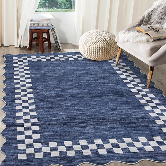 GarveeHome Scalloped Washable Rug 9x12 Area Rug for Living Room Modern Border Large Bedroom Throw Carpet with Rubber Backing Stain Resistant Boho Rug for Dining Room Home Decor Office, Blue