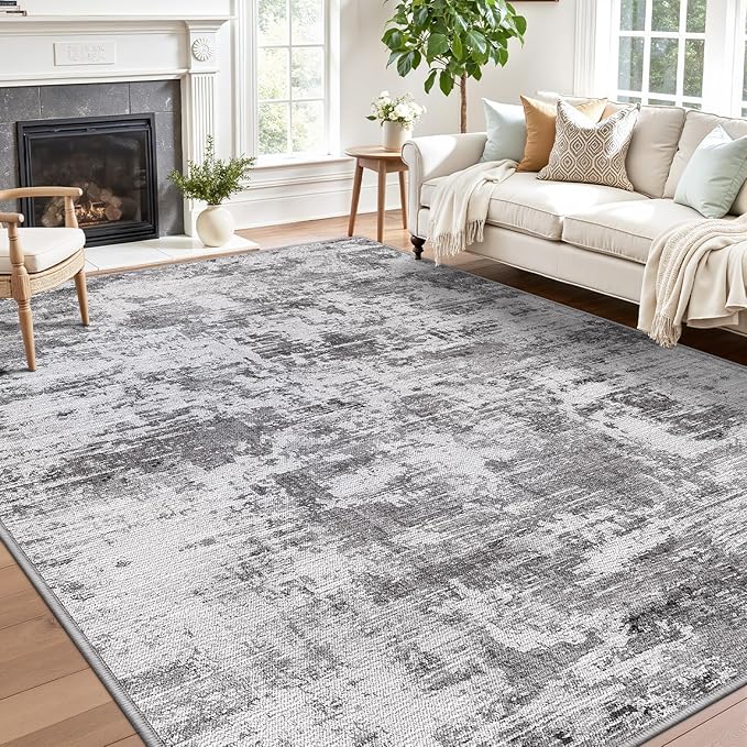 LUMI 4x6 Washable Area Rug for Living Room, Ultra Soft Modern Neutral Grey Rugs Non Slip with Rubber Backing, Low Profile, High Traffic, Stain Resistant Carpets, Ideal for Bedroom, Dining Room