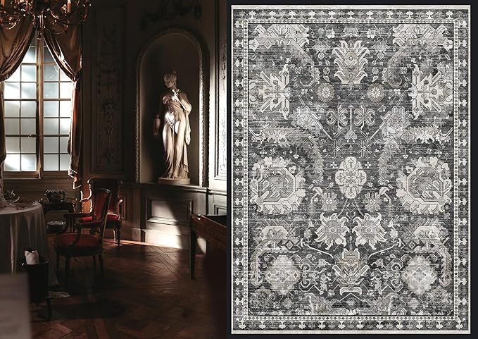 RUGSURE 5x7 Washable Area Rugs - Perfect Resistant Rug for Living Room, Bedroom, Kids Room, Nursery - Stain & Water Resistant Non-Slip, Pet & Child Friendly, Vintage Tribal Area Rugs (Grey, 5'x7')