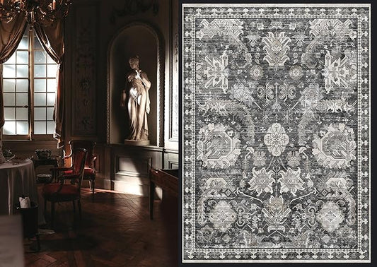 RUGSURE Washable Area Rugs - Perfect for Living Room, Bedroom, Kids Room, Nursery - Stain & Water Resistant Non-Slip, Pet & Child Friendly, Vintage Tribal Area Rugs (Grey, 8' x 10')
