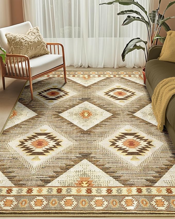 Area Rug 6x8 Rug Machine Washable Non-Slip Low Pile Print Pattern Western Rug for Living Room Bedroom Entryway Tribal Series-Cream/Camel
