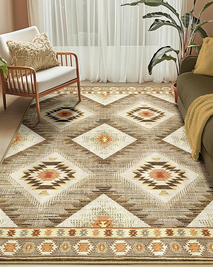 Area Rug 4x6 Rug Machine Washable Non-Slip Low Pile Print Pattern Western Rug for Living Room Bedroom Entryway Tribal Series -Cream/Camel