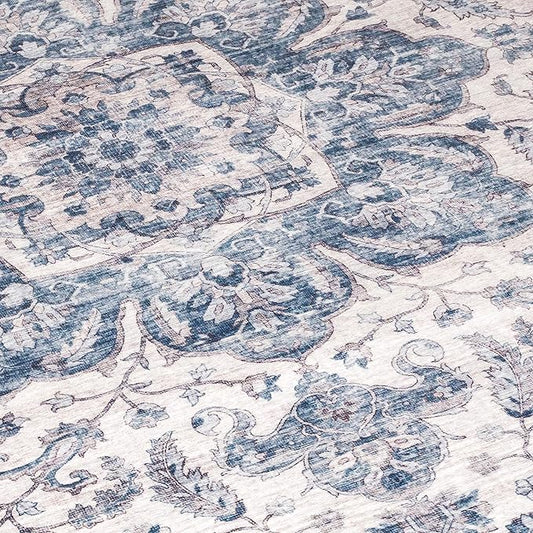 ReaLife Rugs Machine Washable Area Rug - Living Room Bedroom Bathroom Kitchen Entryway Office - Padded Low Pile Stain Resistant Premium - Boho Farmhouse Vintage - Joy - Blue Ivory 7'6" x 9'6"