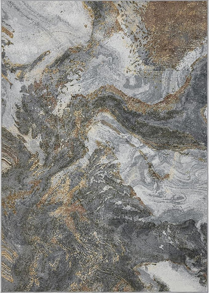 Modern Washable Rug for Living Room: Abstract 9x12 Area Rugs for Bedroom Low Pile Non Slip - Stain Resistant Carpet for Dining Room Indoor - Grey Gold