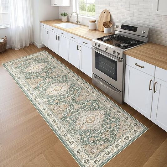 Runner Rug Kitchen Washable Rugs: 3x8 Non-Slip Abstract Soft Modern Stain Resistant Indoor Floor Neutral Accent Throw Carpet for Hallway Bathroom Laundry Room Entryway Bedroom- Green