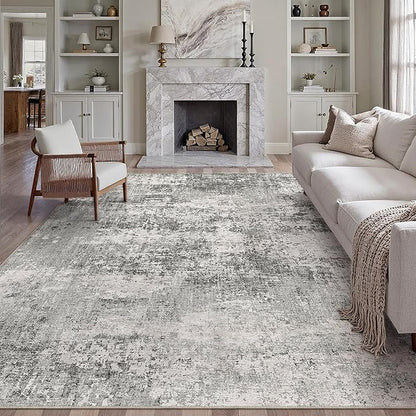 8x10 Grey Area Rug Washable Modern Abstract Living Room Carpet Non Slip Neutral Low Pile Soft Contemporary Gray Bedroom Large Rug Indoor Office Dining Room Playroom