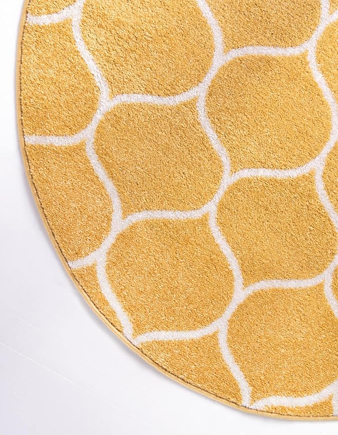 Rugs.com Lattice Frieze Collection Rug – 3' Round Yellow Medium Rug Perfect for Kitchens, Dining Rooms