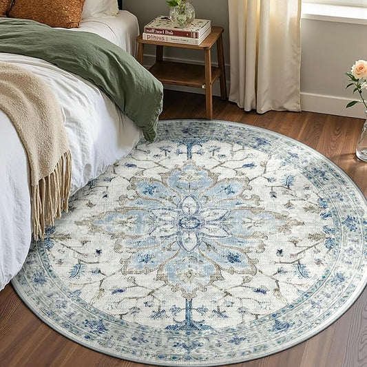 Area Rugs 4ft Washable Non-Slip, Floral Vintage Distress Print Pattern Medallion Carpet for Living Room Bedroom Dining Room, Light Blue Navy Beige Gray White