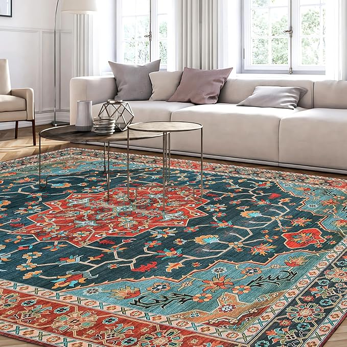 WILLSUN Washable Area Rugs, 9x12 Non-Slip Boho Large Area Rugs for Living Room, Bedroom, Machine Washable Vintage Rug, Indoor Floral Print Carpet for Home Decor, Kid & Pet Friendly Mat