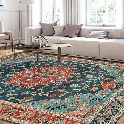 WILLSUN Washable Area Rugs, 9x12 Non-Slip Boho Large Area Rugs for Living Room, Bedroom, Machine Washable Vintage Rug, Indoor Floral Print Carpet for Home Decor, Kid & Pet Friendly Mat
