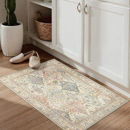 GENIMO Area Rug 2x3 Doormat, Machine Washable Low Pile Rugs, Small Retro Chenille Entryway Mat for Entrance, Hallway, Kitchen and Corridor, Beige Cream