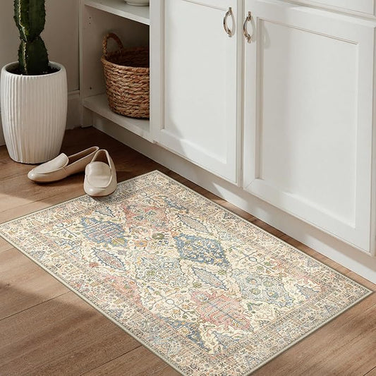 GENIMO Area Rug 2x3 Doormat, Machine Washable Low Pile Rugs, Small Retro Chenille Entryway Mat for Entrance, Hallway, Kitchen and Corridor, Beige Cream