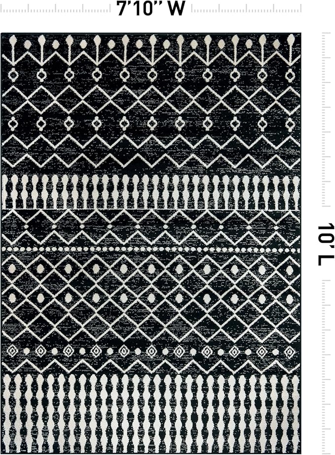 Rugshop Boho Black and White Tribal Area Rug – Geometric Diamond and Stripe Pattern Carpet for Living Room, Bedroom, or Entryway – Soft Modern Bohemian Floor Décor 7' 10" x 10' Black