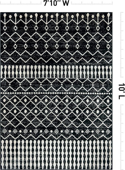 Rugshop Boho Black and White Tribal Area Rug – Geometric Diamond and Stripe Pattern Carpet for Living Room, Bedroom, or Entryway – Soft Modern Bohemian Floor Décor 7' 10" x 10' Black