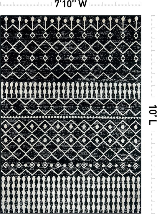 Rugshop Boho Black and White Tribal Area Rug – Geometric Diamond and Stripe Pattern Carpet for Living Room, Bedroom, or Entryway – Soft Modern Bohemian Floor Décor 7' 10" x 10' Black