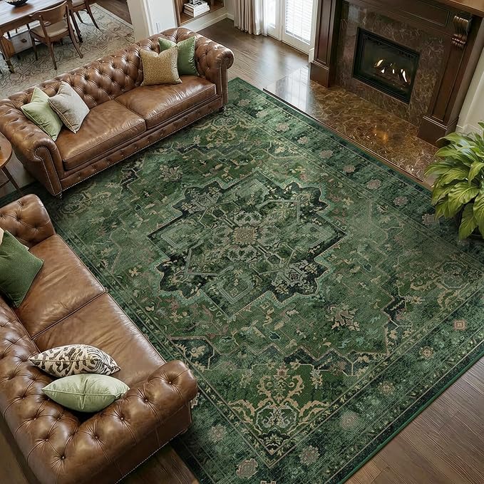 Dark Green 7x10 Living Room Rug, Vintafe Distressed Medallion Area Rug for Bedroom Dining Room, Washable Non Slip Thin Carpet Rugs for Bedroom Under Bed Home Office