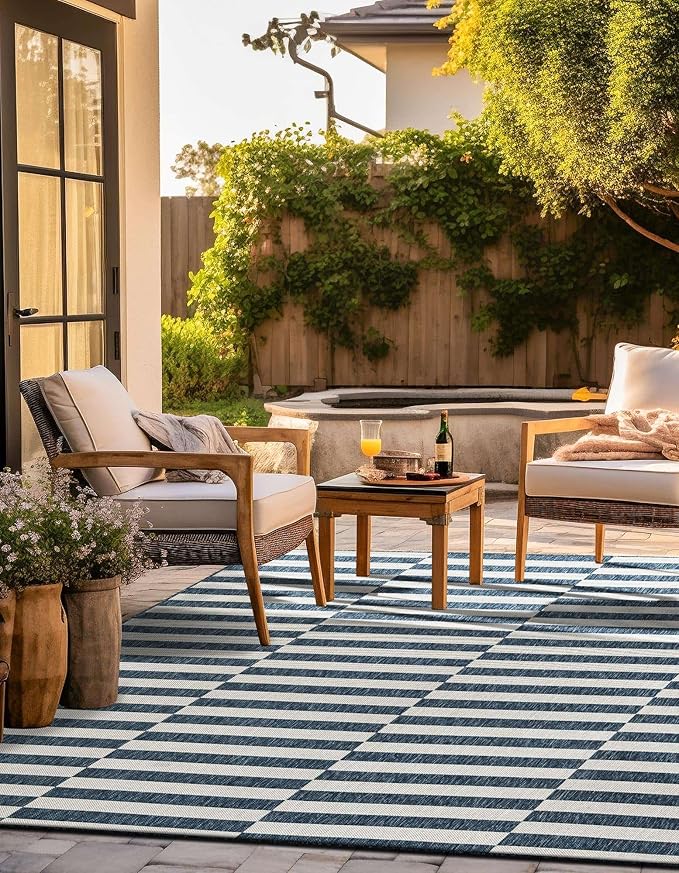 Unique Loom Outdoor Striped Collection Area Rug - Striped (6' 1" Square Blue/Ivory)