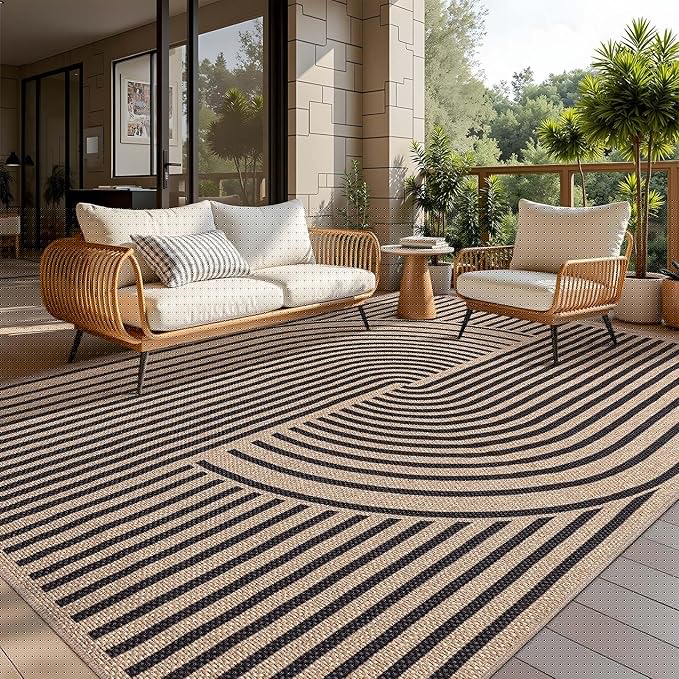 Tangsoo Rainbow Easy Jute Rug 5x7 Large Washable Area Rug for Living Room,Black Non-Slip Thin Outdoor Rug,Modern Farmhouse Indoor Carpet for Dining Room Table Bedroom Patio