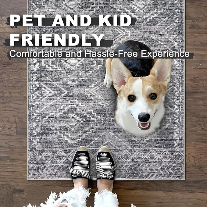 KILOCOCO Boho Entryway Rug 3x5 Area Rug Washable Non Slip Throw Rugs Soft for Kitchen Living Room Dining Bedroom Geometric Moroccan Carpet, Grey