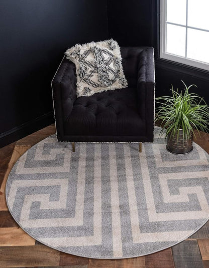 Unique Loom Athens Collection Classic Geometric Modern Border Design Area Rug (6' 0 x 6' 0 Round, Gray/ Beige)