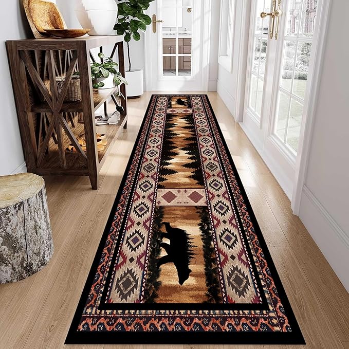 Rustic Cabin Bear Runner Rug, 2x6ft, Native American Long Runner Rug, Wildlife Black Bear Forest Hallway Rug, Vintage Brown Non-Slip Washable Southwestern Style Rug for Entry Kitchen