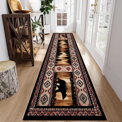 Rustic Cabin Bear Runner Rug, 4x12ft, Native American Long Runner Rug, Wildlife Black Bear Forest Hallway Rug, Vintage Brown Non-Slip Washable Southwestern Style Rug for Entry Kitchen