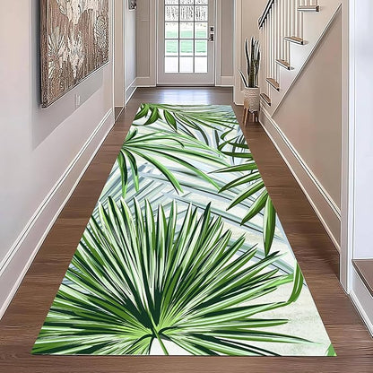 Hall Runner Rug 1.3x7 ft Non-Slip - Tropical Palm Leaves Design in Emerald Green - Easy Clean Washable Carpet for Hallway, Entryway, Bedroom - Durable Floor Decor