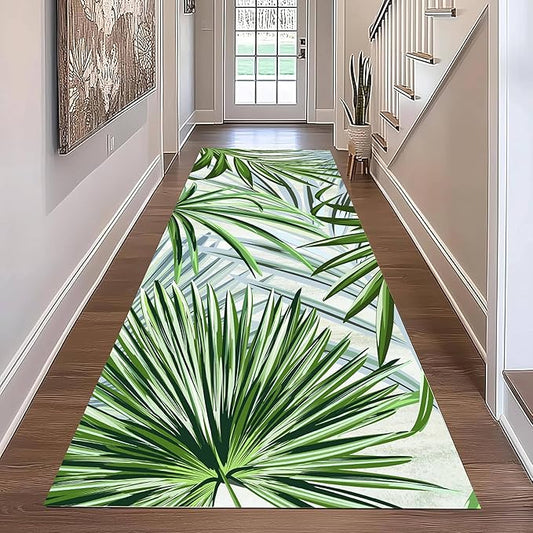 Hall Runner Rug 4x12 ft Non-Slip - Tropical Palm Leaves Design in Emerald Green - Easy Clean Washable Carpet for Hallway, Entryway, Bedroom - Durable Floor Decor
