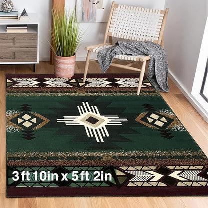 YHSF South West Native American Area Rug C318 - Easy Clean, Thick, Soft, Durable Native Tribal American Indian Inspired Rug for Bedroom/Living Room and More - Hunter Green, 3 ft 10 in x 5 ft 2 in