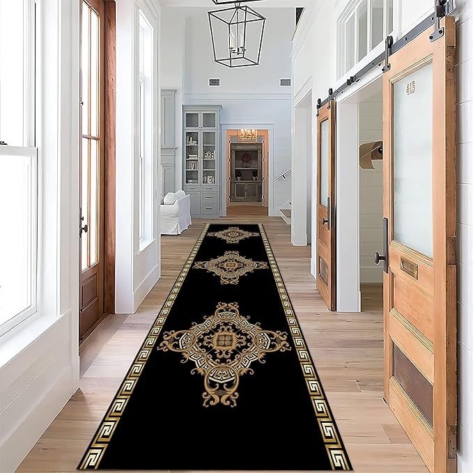 Vintage Baroque Art Long Hallway Rugs Runners, 4x10ft, Luxury European Geometric Living Room Rug, Gold Greek Meandering Soft Washable Mats, Shed Resistant Pet Friendly Carpet for Indoor