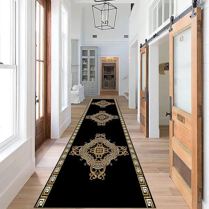 Vintage Baroque Art Long Hallway Rugs Runners, 3.3x7ft, Luxury European Geometric Living Room Rug, Gold Greek Meandering Soft Washable Mats, Shed Resistant Pet Friendly Carpet for Indoor