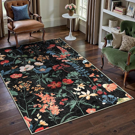 Black Area Rug 4x6 Office Floral Indoor Door Mat Washable Boho Kitchen Living Room Carpet Non Slip Bedroom Low Pile Lightweight Throw Rug for Dining Room Farmhouse