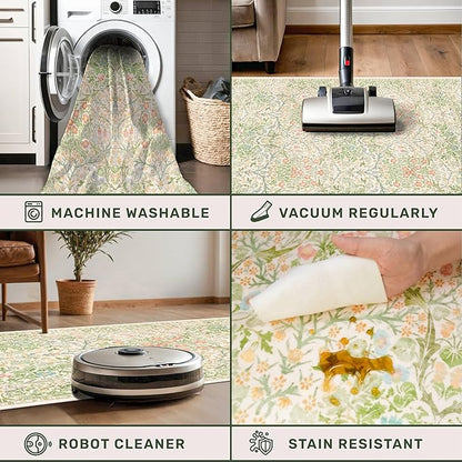 Light Green Bedroom Rug 5x7 Area Rug for Living Room, Vintage Washable Floral Floor Mat for Nursery, Dining Room Low Pile Non Slip Stain Resistance Distressed Retro Indoor (5x7 Beige Green)