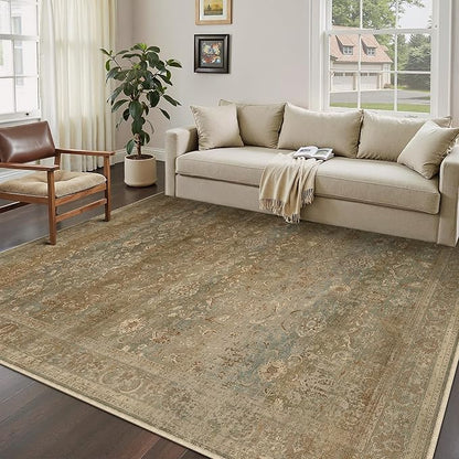 Vintage Area Rug 6x9 Washable Brown Living Room Carpet Large Indoor Non Slip Bedroom Low Pile Kitchen Distressed Retro Accent Throw Rug for Dining Room