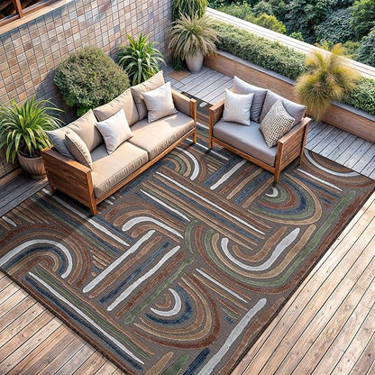CAMILSON Indoor Outdoor Rug, Brown 6x9 Geometric Arch Striped Area Rugs for Patio and Home Areas, Easy-Cleaning Non-Shedding Living Room, Garden and Deck Washable Outside Carpet (6 x 9)