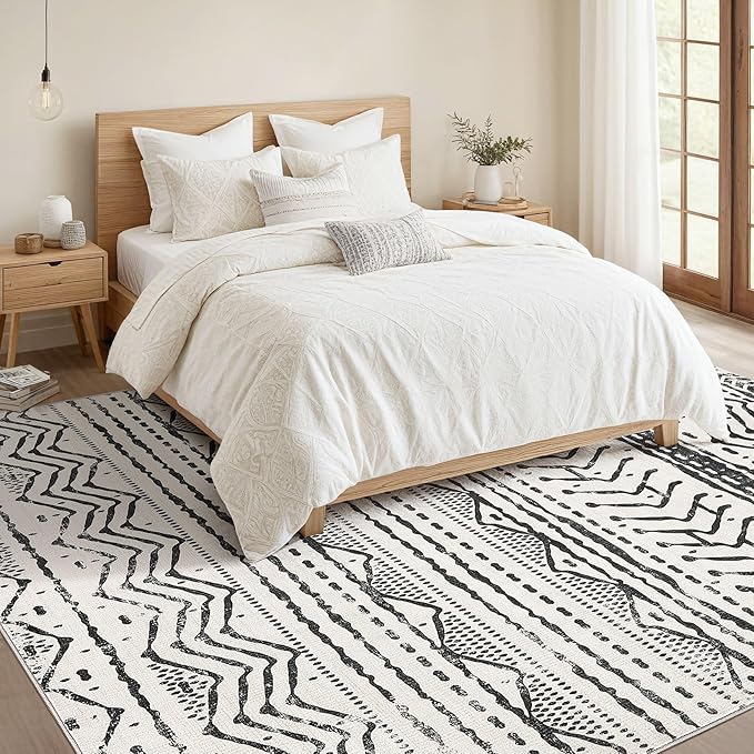 Nakagishi Area Rug Living Room Rugs: 6X9 Machine Washable Boho Large Neutral Farmhouse Stain Resistant Moroccan Indoor Floor Carpet for Bedroom Nursery Dorm Dining Room Home-Ivory Black