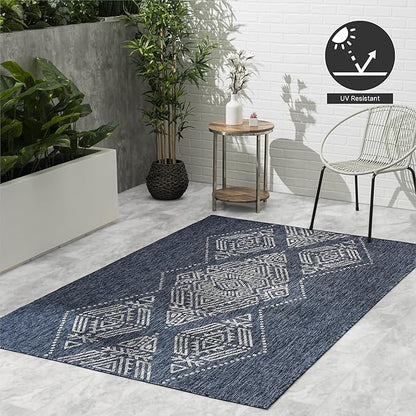 FH Home Outdoor Area Rug - Waterproof Easy to Clean Stain Resistant - Patio Indoor Outdoor Porch Deck Balcony Entryway - Boho Moroccan - Ariana - Blue - 7ft 10in x 10ft 9in
