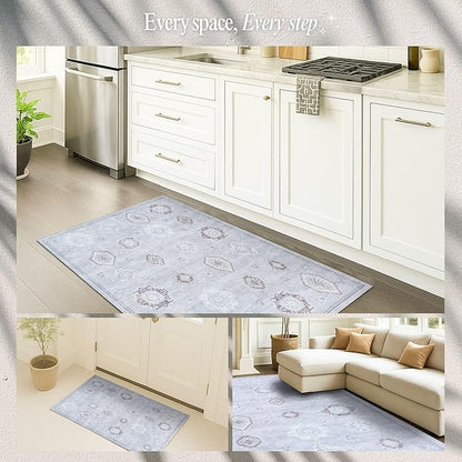 Turkish Rug. Washable Vintage Oriental Antique Inspired Traditional Doormat Small Modern Area Rugs Luxury Entryway Entry Bedroom Bathroom Kitchen (393VG, 2' x 3')